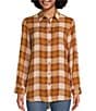Color:Old Gold Plaid - Image 3 - Noel Velvet Woven Embroidered Plaid Print Point Collar Roll-Tab Sleeve Button Front Shirt