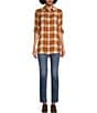 Color:Old Gold Plaid - Image 4 - Noel Velvet Woven Embroidered Plaid Print Point Collar Roll-Tab Sleeve Button Front Shirt