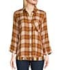 Color:Old Gold Plaid - Image 1 - Paola Woven Plaid Print Point Collar Long Sleeve Frayed Hem Button Front Shirt
