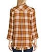 Color:Old Gold Plaid - Image 2 - Paola Woven Plaid Print Point Collar Long Sleeve Frayed Hem Button Front Shirt