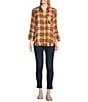 Color:Old Gold Plaid - Image 3 - Paola Woven Plaid Print Point Collar Long Sleeve Frayed Hem Button Front Shirt