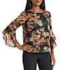 Kasper 3/4 Ruffle Sleeve Floral Print Blouse, Color:Evergreen Multi - Image 3
