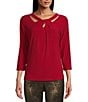 Color:Fire Red - Image 1 - 3/4 Sleeve Twisted Neck Top