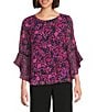 Kasper Floral Chiffon Boat Neck 3/4 Ruffle Sleeve Blouse, Color:Black/Cerise Multi - Image 1