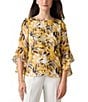 Color:Summer Straw/Butterscotch Multi - Image 1 - Floral Leaf Chiffon 3/4 Ruffle Sleeve Blouse