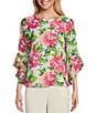 Color:Vanilla Ice/Pink Perfection Multi - Image 1 - Floral Print Crew Neckline Ruffle 3/4 Sleeve Blouse