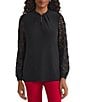 Kasper Long Sleeve Mix Media Button Neck Blouse - Image 1
