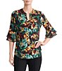 Kasper Petite Flutter Sleeve Split Neck Printed Blouse - Image 1