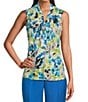 Color:Lily White/Light Azure Multi - Image 1 - Petite Printed Tie Front Sleeveless Blouse