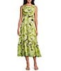 Kasper Petite Size Chiffon Sleeveless Boat Neck Tropical Tiered Dress, Color:Kiwi Multi - Image 1
