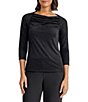 Kasper Petite Size Drape Neck 3/4 Sleeve Heatset Rhinestone Knit Top - Image 1