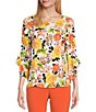 Color:Lily White Combo - Image 1 - Petite Size Floral Printed 3/4 Ruffle Sleeve Round Neck Blouse