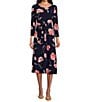 Color:Kasper Navy/Luxe Salmon - Image 1 - Petite Size Floral Scoop Neck 3/4 Sleeve Belted A-Line Midi Dress