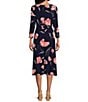 Color:Kasper Navy/Luxe Salmon - Image 2 - Petite Size Floral Scoop Neck 3/4 Sleeve Belted A-Line Midi Dress