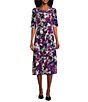 Color:Cerise Multi - Image 1 - Petite Size ITY Knit Crew Neck Short Sleeve Floral Print Fit & Flare Belted Dress