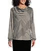 Color:Black/Vanilla Ice - Image 1 - Petite Size Long Sleeve Cowl Neck Houndstooth Printed Satin Top