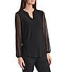 Kasper Petite Size Split V Neck Long Sleeve Top, Color:Black - Image 1