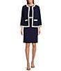 Color:Kasper Navy/Vanilla Ice - Image 3 - Petite Size Stretch Crepe Woven Round Neck Patch Pocket 3/4 Sleeve Open-Front Framed Coordinating Jacket