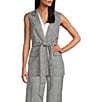 Kasper Plaid Notch Collar Sleeveless Belted Button Front Vest, Color:Black/Vanilla - Image 1