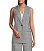 Kasper Plaid Notch Collar Sleeveless Belted Button Front Vest, Color:Black/Vanilla - Image 2