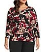 Kasper Plus Size Floral Print 3/4 Sleeve Tie Front Blouse, Color:Black Multi - Image 1