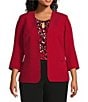 Kasper Plus Size Collarless Rolled Cuff 3/4 Sleeve Button Pocket Cardigan, Color:Fire Red - Image 1