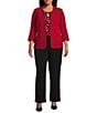 Kasper Plus Size Collarless Rolled Cuff 3/4 Sleeve Button Pocket Cardigan, Color:Fire Red - Image 3