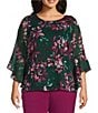 Kasper Plus Size Floral 3/4 Ruffle Sleeve Blouse, Color:Evergreen Multi - Image 1