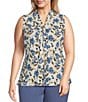 Color:Vanilla Ice Multi - Image 1 - Plus Size Floral Print Crepe Tie Front Neck Sleeveless Fitted Blouse
