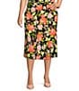 Color:Black/Papaya Combo - Image 1 - Plus Size Floral Print Midi Flared Coordinating A-Line Pull-On Skirt