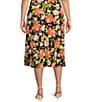 Color:Black/Papaya Combo - Image 2 - Plus Size Floral Print Midi Flared Coordinating A-Line Pull-On Skirt