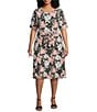 Kasper Plus Size Floral Short Sleeve Tie Waist Fit And Flare Midi Dress, Color:Tea Rose Multi - Image 1
