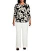 Kasper Plus Size Floral Twist Neck Mix Media Blouse, Color:Black Multi - Image 3