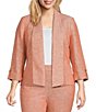 Color:Papaya/White - Image 1 - Plus Size Linen 3/4 Roll-Tab Sleeve Shawl Collar Open Front Jacket