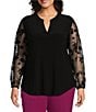 Kasper Plus Size Mix Media Split Neck Mesh Long Sleeve Top, Color:Black - Image 1