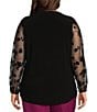 Kasper Plus Size Mix Media Split Neck Mesh Long Sleeve Top, Color:Black - Image 2