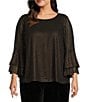 Kasper Plus Size Polka Dot Crew Neck Tiered 3/4 Flutter Sleeve Top, Color:Black/Gold - Image 1