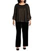 Kasper Plus Size Polka Dot Crew Neck Tiered 3/4 Flutter Sleeve Top, Color:Black/Gold - Image 3