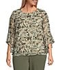 Kasper Plus Size Abstract Crew Neckline 3/4 Flutter Sleeve Blouse - Image 1