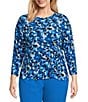 Kasper Plus Size Abstract Print Crew Neckline 3/4 Sleeve Tie Front Top - Image 1