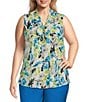 Color:Lily White/Light Azure Multi - Image 1 - Plus Size Printed Tie Front Sleeveless Blouse