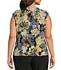 Kasper Plus Size Scoop Pleated Neck Hardware Detail Abstract Floral Printed Knit Jersey Blouse, Color:Black Multi - Image 2