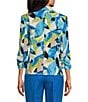 Color:Rivera Multi - Image 2 - Printed Linen Blend Shawl Collar Ruched 3/4 Sleeve One Button Jacket