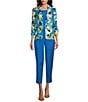 Color:Rivera Multi - Image 3 - Printed Linen Blend Shawl Collar Ruched 3/4 Sleeve One Button Jacket