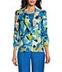 Color:Rivera Multi - Image 4 - Printed Linen Blend Shawl Collar Ruched 3/4 Sleeve One Button Jacket