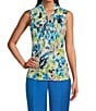 Color:Lily White/Light Azure Multi - Image 1 - Printed Tie Front Sleeveless Blouse