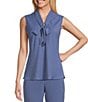 Color:Blue Heron - Image 1 - Solid Crepe Knit Tie Neck Sleeveless Coordinating Blouse