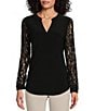 Color:Black - Image 1 - Split V-Neck Long Lace Sleeve Shirttail Hem Top