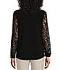 Color:Black - Image 2 - Split V-Neck Long Lace Sleeve Shirttail Hem Top