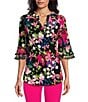 Color:Black/Pink Perfection Multi - Image 1 - Stretch Floral Print Split V Neckline 3/4 Flutter Sleeve Tunic